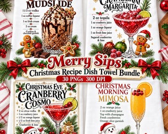 以下が含まれることがあります： クリスマス・クッキー・マッドスライド、クリスマス・クランベリー・マルガリータ、クリスマスイブ・クランベリー・コスモ、クリスマス・モーニング・ミモザのレシピと華やかなホリデーグラフィックが描かれた、4枚セットの白いディッシュタオル。