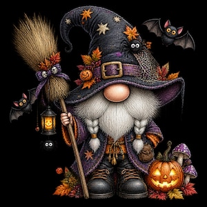 May include: A gnome dressed as a witch wearing a dark purple hat with orange leaves, a spider, and a buckle. The gnome holds a broom with a hanging lantern, has a long white beard, and stands next to a glowing jack-o'-lantern and purple mushrooms.