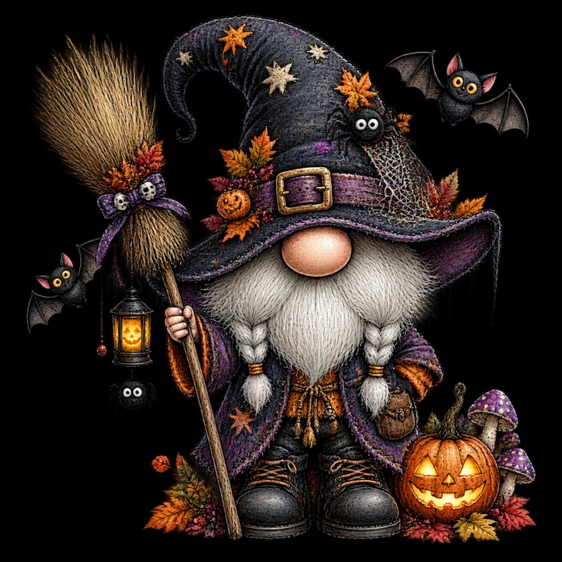 May include: A gnome dressed as a witch wearing a dark purple hat with orange leaves, a spider, and a buckle. The gnome holds a broom with a hanging lantern, has a long white beard, and stands next to a glowing jack-o'-lantern and purple mushrooms.