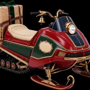 A red and green snowmobile with gold details and runners, carrying a large wrapped gift on the back.
