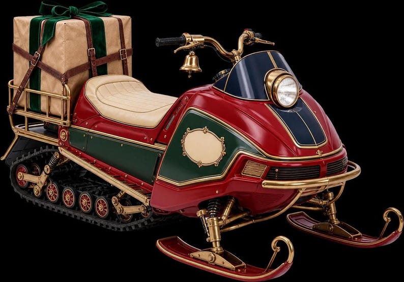 A red and green snowmobile with gold details and runners, carrying a large wrapped gift on the back.