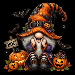 May include: A gnome wearing a tall orange and black striped hat with a spider web and a small pumpkin, featuring a long white beard, purple clothing, and black boots. The gnome is surrounded by bats, two jack-o'-lanterns, and a wooden sign reading BOO.