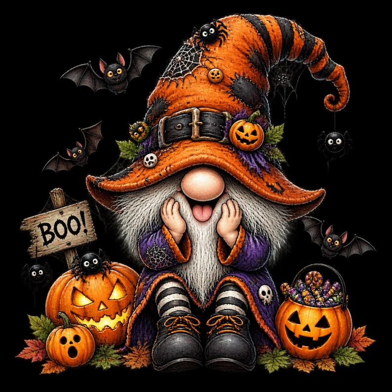 May include: A gnome wearing a tall orange and black striped hat with a spider web and a small pumpkin, featuring a long white beard, purple clothing, and black boots. The gnome is surrounded by bats, two jack-o'-lanterns, and a wooden sign reading BOO.