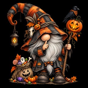May include: A gnome wearing a tall orange and black plaid hat with a skull and lantern, holding a staff topped with a jack-o'-lantern and a black crow. The gnome has a long white beard, a finger to its lips, and stands by a sack of candy.