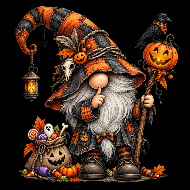 May include: A gnome wearing a tall orange and black plaid hat with a skull and lantern, holding a staff topped with a jack-o'-lantern and a black crow. The gnome has a long white beard, a finger to its lips, and stands by a sack of candy.