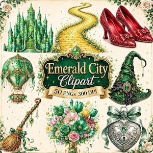 Emerald City Clipart, Watercolor PNG Bundle With 50 Designs, 300 DPI