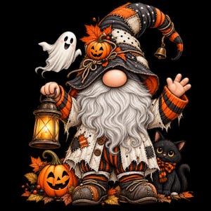 May include: A gnome illustration featuring a long white beard, a tall black and orange patchwork hat with a bell, and a coat. The gnome holds a lit lantern, accompanied by a white ghost, a jack-o'-lantern, and a black cat with an orange scarf.
