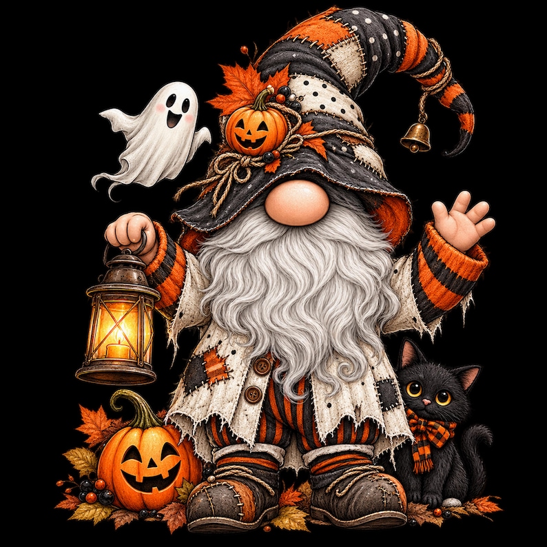 May include: A gnome illustration featuring a long white beard, a tall black and orange patchwork hat with a bell, and a coat. The gnome holds a lit lantern, accompanied by a white ghost, a jack-o'-lantern, and a black cat with an orange scarf.