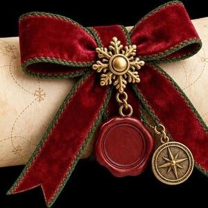 An aged parchment scroll tied with a red velvet bow, a gold snowflake, a red wax seal, and a compass charm.