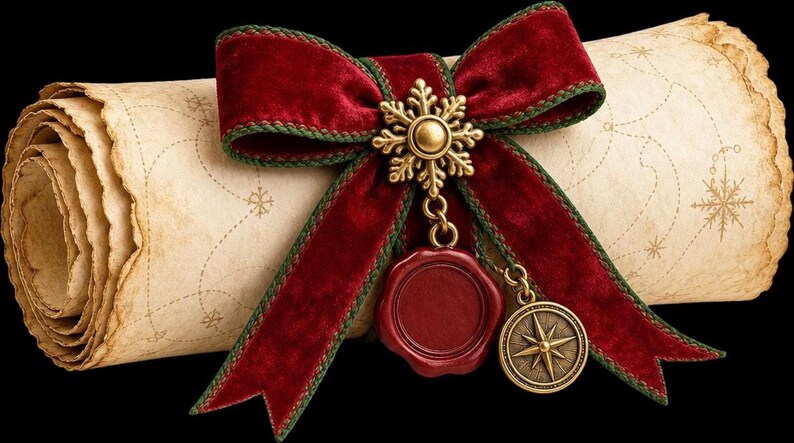 An aged parchment scroll tied with a red velvet bow, a gold snowflake, a red wax seal, and a compass charm.