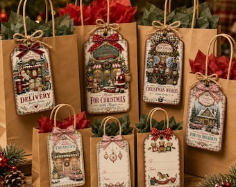 Vintage-Weihnachtsgeschenkanhänger-Set, 10 druckbare Weihnachtsanhänger (Canva-Vorlage)