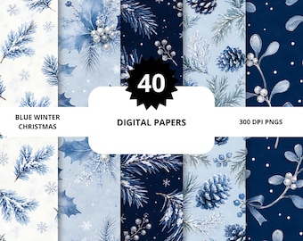 Blue Christmas Digital Papers, 40 Seamless PNGs, 300 DPI Scrapbook