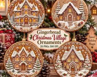 May include: Four circular gingerbread-style Christmas ornaments featuring detailed house designs with white icing accents, snow-covered trees, and warm glowing windows. A central sign reads Gingerbread Christmas Village Ornaments 20 PNGs 300 DPI.