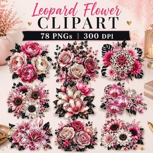 Leopard Floral PNG Clipart Bundle, 78 Watercolor Designs | 300 DPI Digital Download