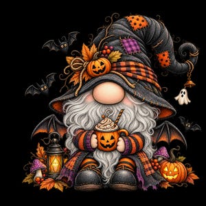 May include: A gnome illustration featuring a large black hat with orange patches, holding a jack-o'-lantern mug with whipped cream. The gnome has a long white beard, bat wings, and is surrounded by autumn leaves, a lantern, and small pumpkins.