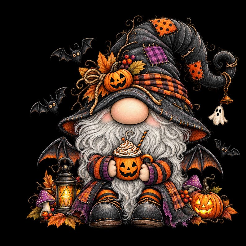 May include: A gnome illustration featuring a large black hat with orange patches, holding a jack-o'-lantern mug with whipped cream. The gnome has a long white beard, bat wings, and is surrounded by autumn leaves, a lantern, and small pumpkins.