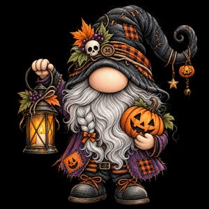 May include: A gnome figure wearing a tall, dark, patched hat with orange plaid accents, a skull, and autumn leaves. The gnome has a long white beard, holds a lit lantern in one hand and a carved jack-o'-lantern in the other, wearing purple clothing.