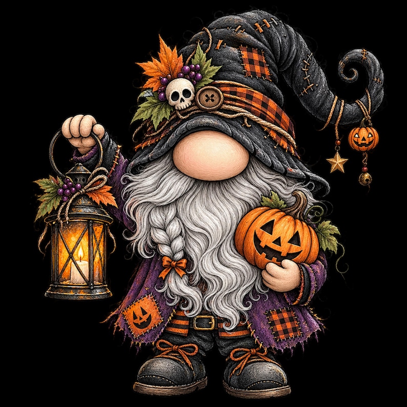 May include: A gnome figure wearing a tall, dark, patched hat with orange plaid accents, a skull, and autumn leaves. The gnome has a long white beard, holds a lit lantern in one hand and a carved jack-o'-lantern in the other, wearing purple clothing.