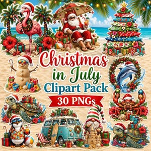 ChristmasinJuly Tropical Christmas Clipart Pack, 30 Transparent PNG Files