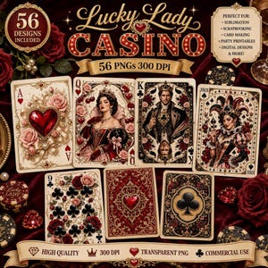 Pokerkaart clipart, 56-delige Coquette Casino 300 DPI PNG-collectie