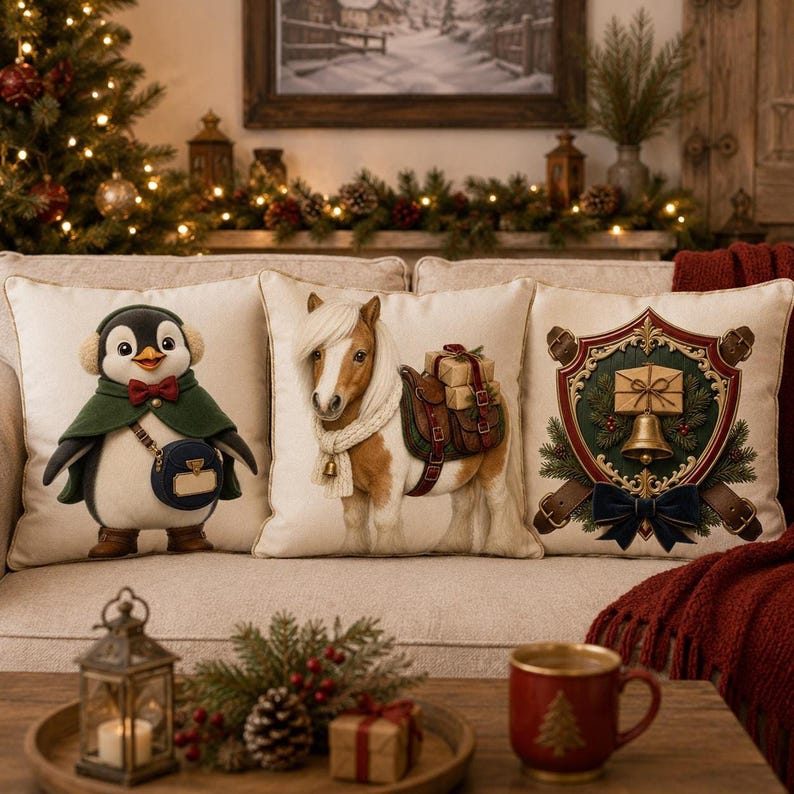 Three decorative Christmas pillows sit on a sofa, featuring illustrations of a penguin, a pony, and a gift crest.