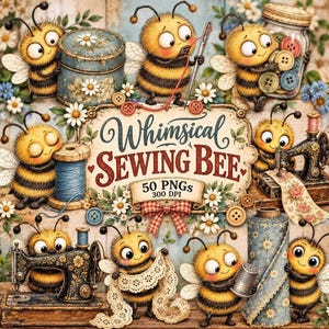 Sewing Bee PNG Bundle, 50 Vintage Designs, 300 DPI Digital Download