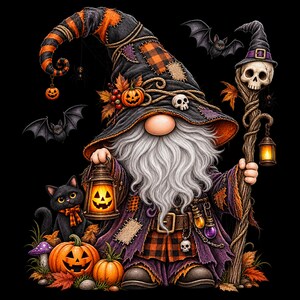 May include: A gnome dressed as a wizard wearing a tall black and orange plaid hat with a skull and pumpkin, holding a glowing jack-o'-lantern lantern and a wooden staff topped with a skull. A black cat, bats, and pumpkins surround the figure.