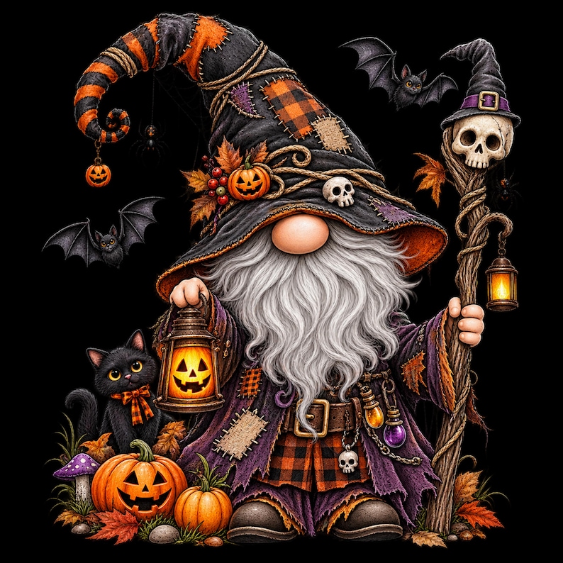 May include: A gnome dressed as a wizard wearing a tall black and orange plaid hat with a skull and pumpkin, holding a glowing jack-o'-lantern lantern and a wooden staff topped with a skull. A black cat, bats, and pumpkins surround the figure.