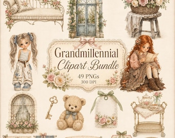 Grandmillennial Clipart Bundle, Cottagecore Floral, Vintage Rose Graphics, Shabby Chic Elements (Digital Download)
