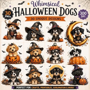 Imágenes prediseñadas de cachorros, 30 diseños de Halloween a 300 ppp (descarga digital)