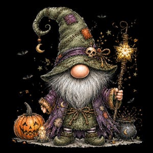 May include: A gnome illustration wearing a tattered olive green pointed hat with a skull accent, a purple robe, and striped socks. The gnome holds a glowing star-topped staff next to a jack-o'-lantern, a lit candle, and a small black cauldron.