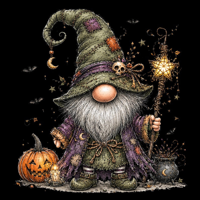 May include: A gnome illustration wearing a tattered olive green pointed hat with a skull accent, a purple robe, and striped socks. The gnome holds a glowing star-topped staff next to a jack-o'-lantern, a lit candle, and a small black cauldron.