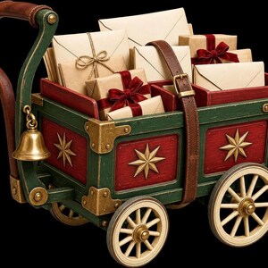 A red and green wooden delivery cart with gold star accents, filled with wrapped packages and envelopes.