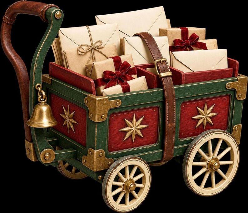 A red and green wooden delivery cart with gold star accents, filled with wrapped packages and envelopes.