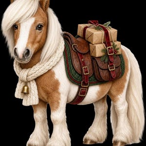 A miniature pinto pony wearing a white knit scarf, saddlebags, and wrapped Christmas gifts on its back.