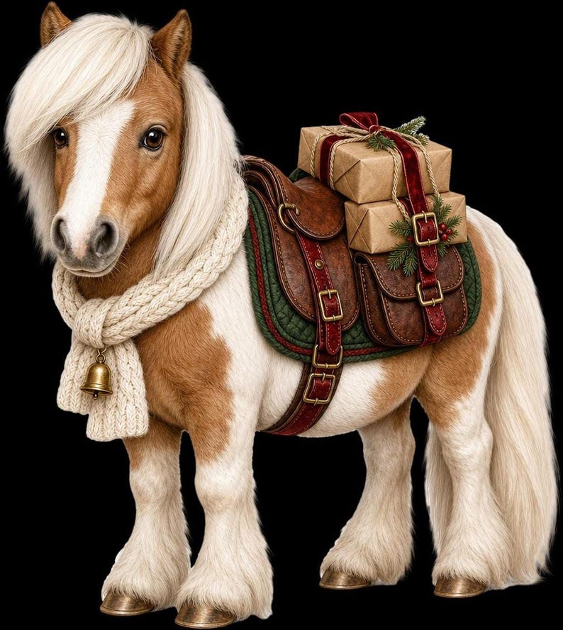 A miniature pinto pony wearing a white knit scarf, saddlebags, and wrapped Christmas gifts on its back.