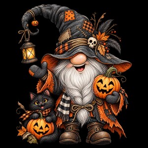 May include: A gnome wearing a tall, patched black witch hat with a skull and autumn leaves, holding a glowing lantern and a jack-o'-lantern. A black cat sits beside the gnome, also holding a jack-o'-lantern. The gnome has a long white beard.