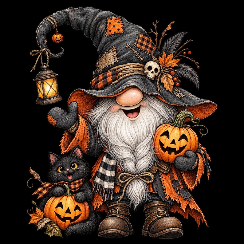 May include: A gnome wearing a tall, patched black witch hat with a skull and autumn leaves, holding a glowing lantern and a jack-o'-lantern. A black cat sits beside the gnome, also holding a jack-o'-lantern. The gnome has a long white beard.