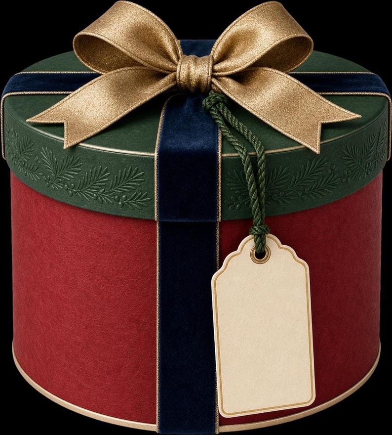 A round cylindrical gift box with a red base, green lid, blue velvet ribbon, gold bow, and a blank gift tag.