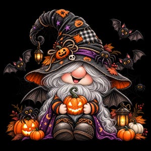 May include: A gnome wearing a tall black witch hat decorated with orange pumpkins, a skull, and a hanging lantern. The gnome has a long white beard, holds a glowing jack-o'-lantern, and is surrounded by bats, spiders, and autumn leaves.