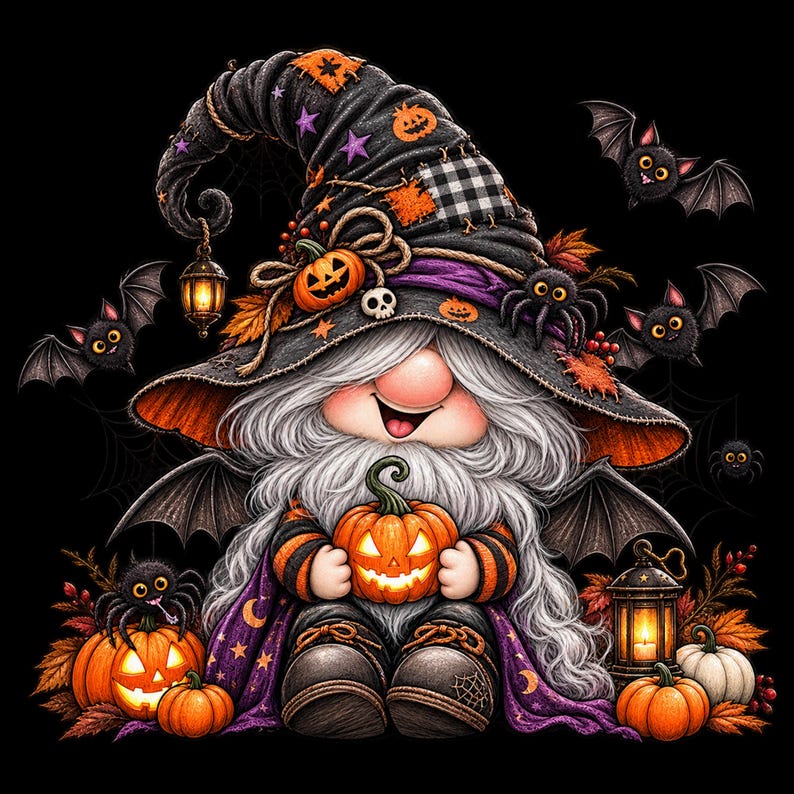 May include: A gnome wearing a tall black witch hat decorated with orange pumpkins, a skull, and a hanging lantern. The gnome has a long white beard, holds a glowing jack-o'-lantern, and is surrounded by bats, spiders, and autumn leaves.