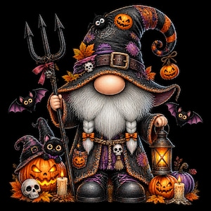 May include: A gnome dressed as a witch wearing a black hat with orange stripes, holding a trident and a lit lantern. The gnome has a long white beard, wears a dark robe with skull accents, and is surrounded by jack-o'-lanterns, bats, and a skull.