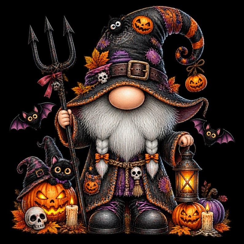 May include: A gnome dressed as a witch wearing a black hat with orange stripes, holding a trident and a lit lantern. The gnome has a long white beard, wears a dark robe with skull accents, and is surrounded by jack-o'-lanterns, bats, and a skull.