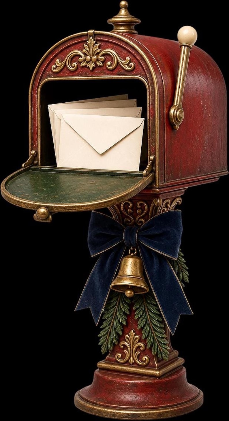 A red postbox with gold trim and a green interior, containing envelopes and decorated with a blue velvet bow.