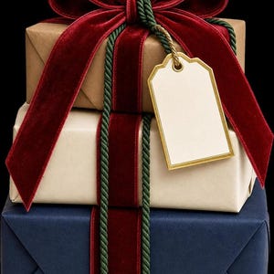 A stack of three wrapped gift boxes in brown, cream, and blue, tied with a red velvet bow and a blank tag.