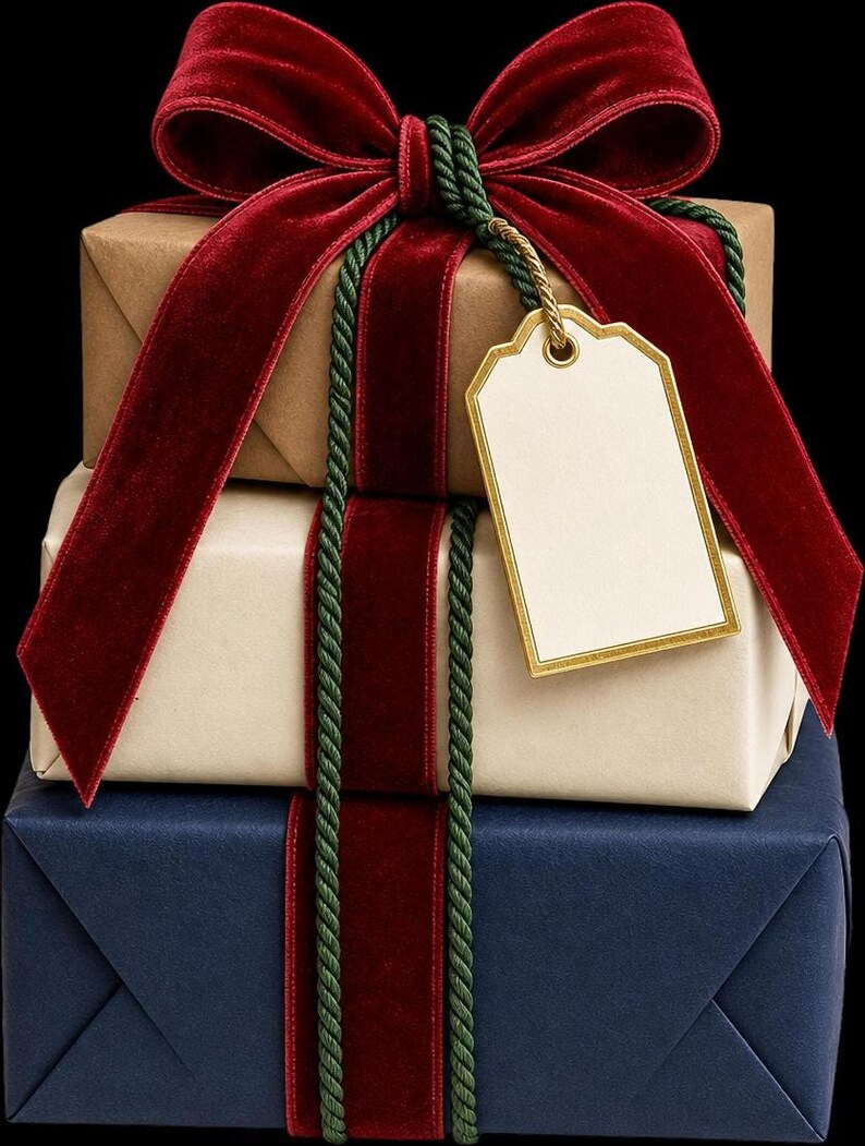 A stack of three wrapped gift boxes in brown, cream, and blue, tied with a red velvet bow and a blank tag.