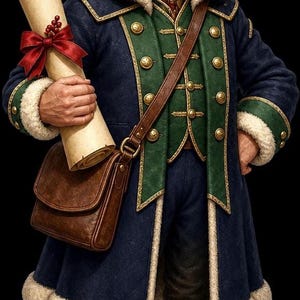 A digital sticker of an elderly male elf with white hair and beard, wearing a blue coat with green trim, a red hat, and holding a rolled scroll.