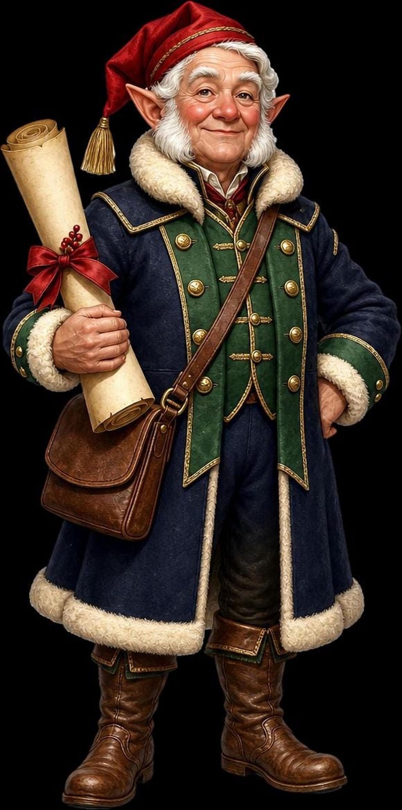 A digital sticker of an elderly male elf with white hair and beard, wearing a blue coat with green trim, a red hat, and holding a rolled scroll.