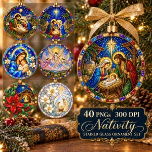 May include: A collection of circular ornaments featuring stained glass style illustrations of the Nativity scene, including depictions of the Holy Family, angels, and poinsettias, with a gold ribbon attached to the top of the primary ornament.