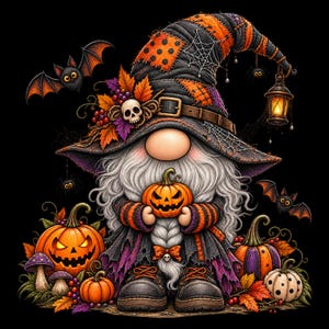 May include: A gnome wearing a tall, patched witch hat with a skull, autumn leaves, and a hanging lantern. The gnome has a long white beard, holds a small jack-o'-lantern, and wears orange and black striped sleeves. Pumpkins, bats, and spiders surround it.